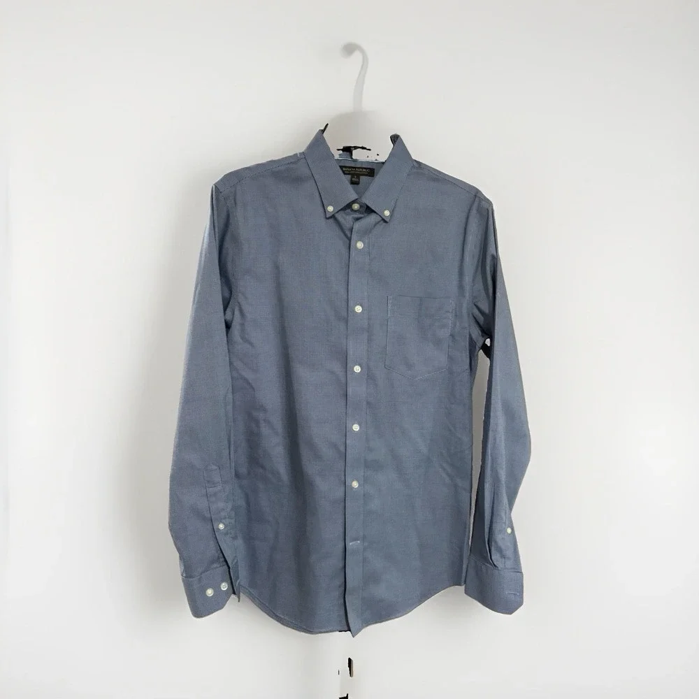 Banana Republic Mens Dress Shirt Small Blue Micro Check Non Iron 100% Cotton F85